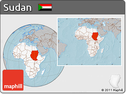 Gray Location Map of Sudan, highlighted continent, within the entire continent, hill shading