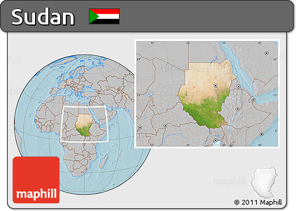 Satellite Location Map of Sudan, gray outside, hill shading