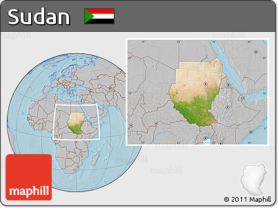 Satellite Location Map of Sudan, gray outside, hill shading