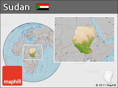 Satellite Location Map of Sudan, gray outside, hill shading