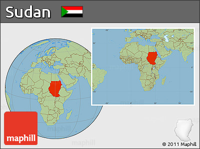 Savanna Style Location Map of Sudan, within the entire continent