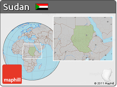 Savanna Style Location Map of Sudan, gray outside, hill shading inside