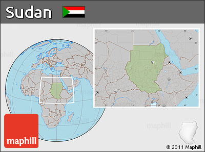 Savanna Style Location Map of Sudan, gray outside, hill shading inside