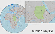 Savanna Style Location Map of Sudan, gray outside, hill shading outside