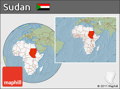 Savanna Style Location Map of Sudan, highlighted continent, within the entire continent, hill shading