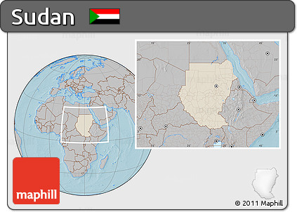 Shaded Relief Location Map of Sudan, gray outside, hill shading