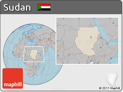 Shaded Relief Location Map of Sudan, gray outside, hill shading