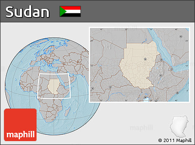 Shaded Relief Location Map of Sudan, gray outside, hill shading