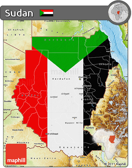 Flag Map of Sudan, physical outside, flag rotated