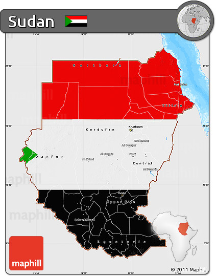 Flag Map of Sudan, single color outside, bathymetry sea, flag centered