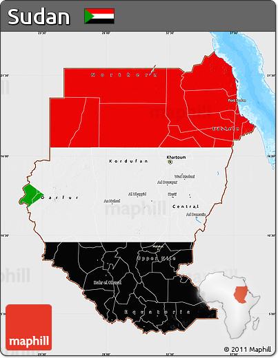 Flag Map of Sudan, single color outside, bathymetry sea, flag centered