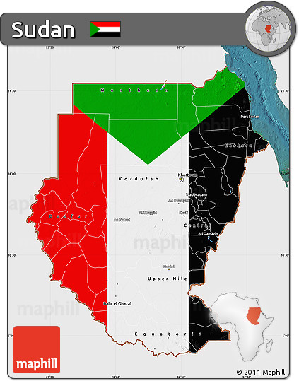 Flag Map of Sudan, single color outside, satellite sea, flag rotated