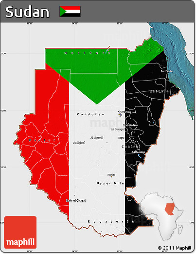 Flag Map of Sudan, single color outside, satellite sea, flag rotated