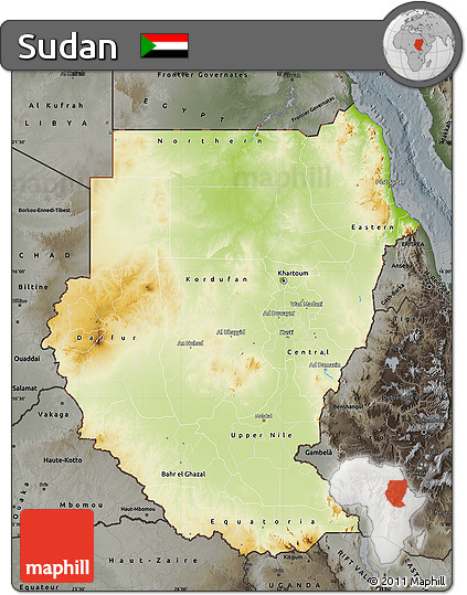 Physical Map of Sudan, darken, semi-desaturated