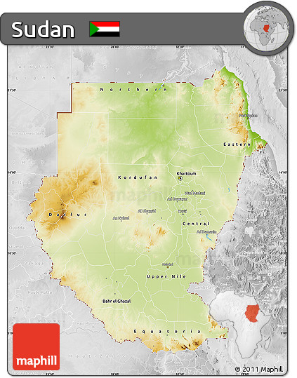 Physical Map of Sudan, lighten, desaturated