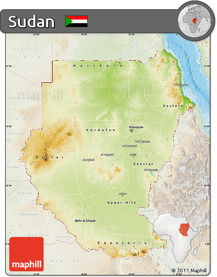 Physical Map of Sudan, lighten, land only