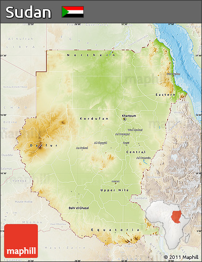 Physical Map of Sudan, lighten, land only