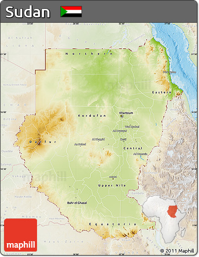 Physical Map of Sudan, lighten, land only