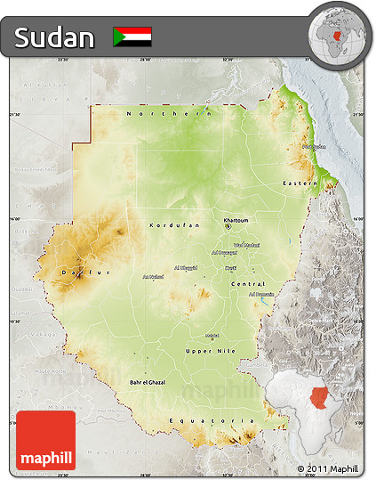 Physical Map of Sudan, lighten, semi-desaturated