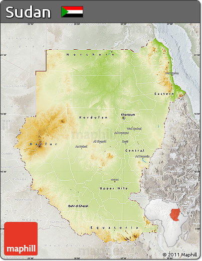 Physical Map of Sudan, lighten, semi-desaturated