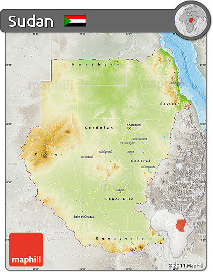 Physical Map of Sudan, lighten, semi-desaturated, land only