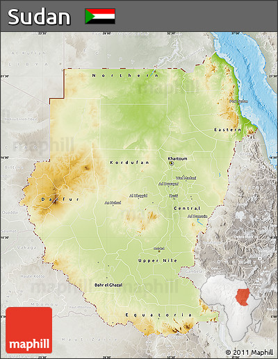 Physical Map of Sudan, lighten, semi-desaturated, land only