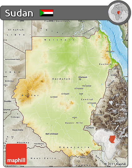 Physical Map of Sudan, semi-desaturated, land only