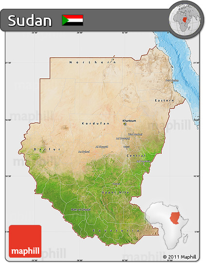 Satellite Map of Sudan, single color outside, bathymetry sea, shaded relief sea