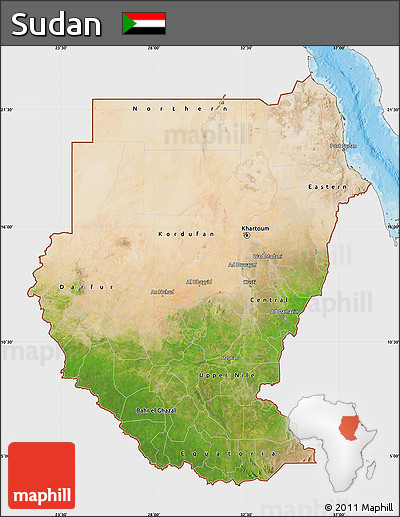 Satellite Map of Sudan, single color outside, bathymetry sea, shaded relief sea