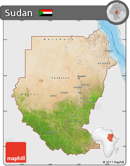 Satellite Map of Sudan, single color outside, shaded relief sea