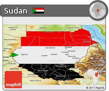 Flag Panoramic Map of Sudan, physical outside, flag centered