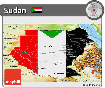 Flag Panoramic Map of Sudan, physical outside, flag aligned to the middle