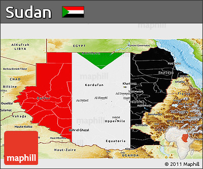 Flag Panoramic Map of Sudan, physical outside, flag aligned to the middle