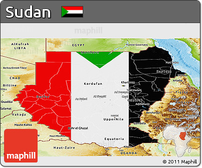 Flag Panoramic Map of Sudan, physical outside, flag aligned to the middle