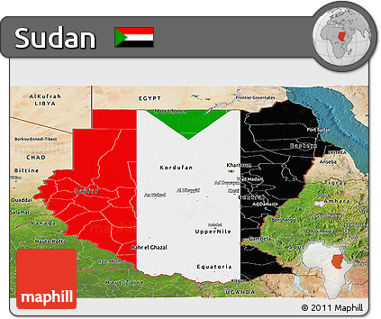 Flag Panoramic Map of Sudan, satellite outside, flag aligned to the middle