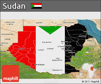 Flag Panoramic Map of Sudan, satellite outside, flag aligned to the middle