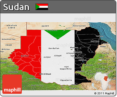 Flag Panoramic Map of Sudan, satellite outside, flag aligned to the middle