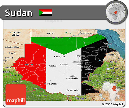 Flag Panoramic Map of Sudan, satellite outside, flag rotated