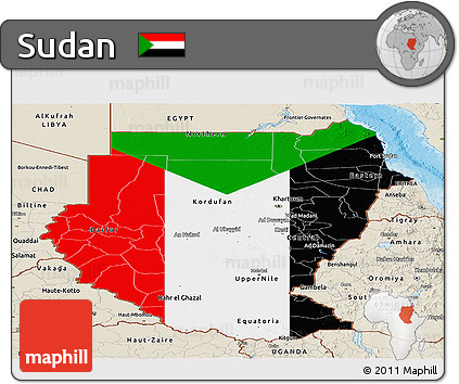 Flag Panoramic Map of Sudan, shaded relief outside, bathymetry sea, flag rotated