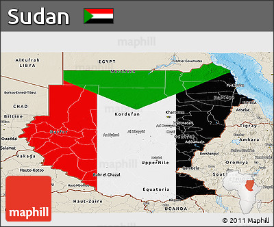 Flag Panoramic Map of Sudan, shaded relief outside, bathymetry sea, flag rotated