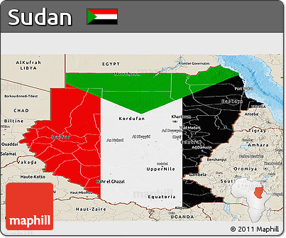 Flag Panoramic Map of Sudan, shaded relief outside, bathymetry sea, flag rotated