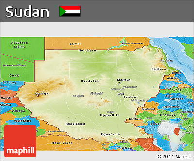Physical Panoramic Map of Sudan, political outside