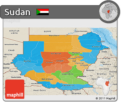 Political Panoramic Map of Sudan, shaded relief outside, bathymetry sea
