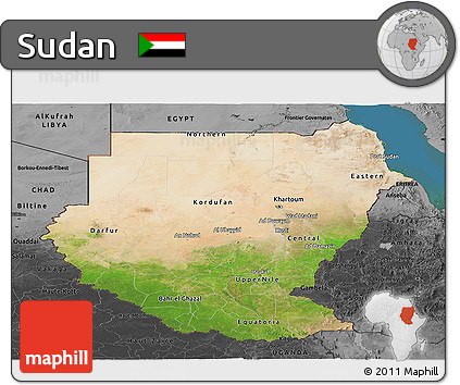 Satellite Panoramic Map of Sudan, darken, desaturated, land only