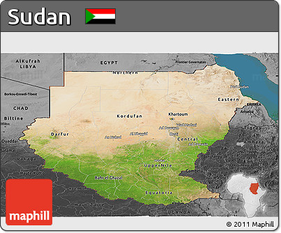 Satellite Panoramic Map of Sudan, darken, desaturated, land only