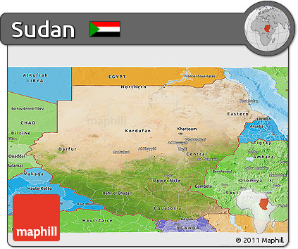 Satellite Panoramic Map of Sudan, political shades outside