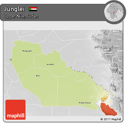 Physical 3D Map of Junglei, lighten, desaturated
