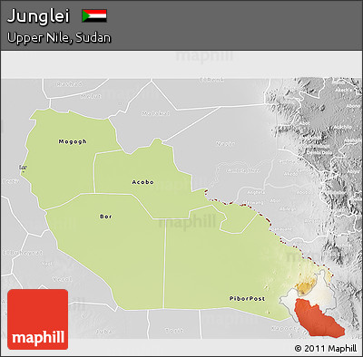 Physical 3D Map of Junglei, lighten, desaturated
