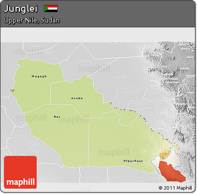 Physical 3D Map of Junglei, lighten, desaturated