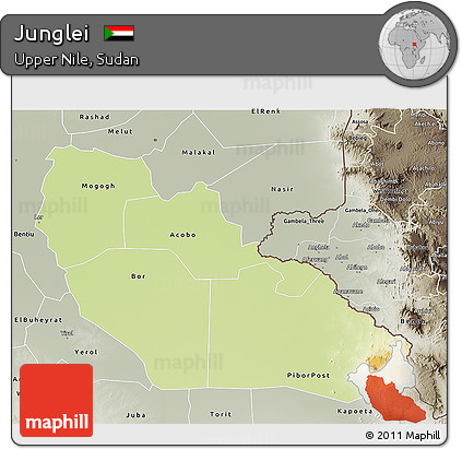 Physical 3D Map of Junglei, semi-desaturated